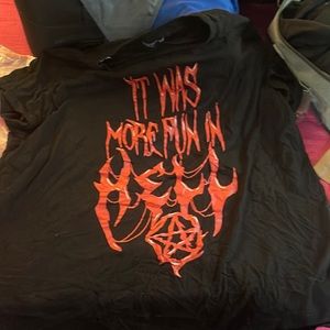 large red and black graphic tee